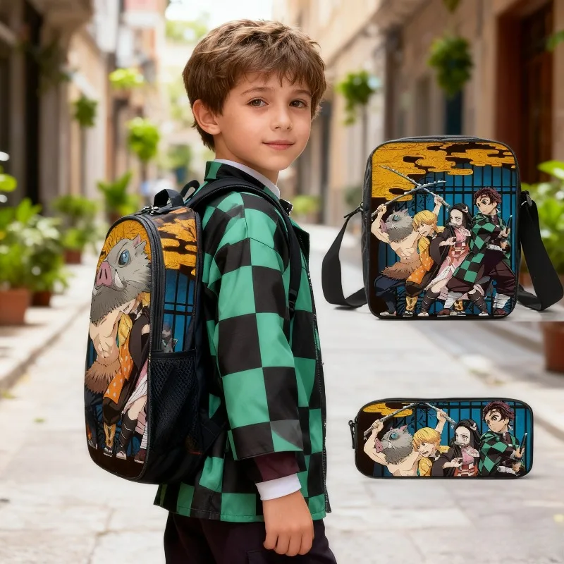 

Горячий нейлоновый рюкзак с героями мультфильмов «Убийца демонов», чехол для ручки, сумка на одно плечо, набор из трех предметов, дышащий рюкзак большой емкости, подарки