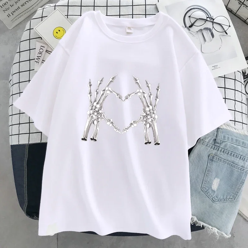 Fashion Women T-shirt Skeleton Fingers Compare To The Heart Print Short Sleeve T Shirt Female Street Casual Unisex Clothes Tops