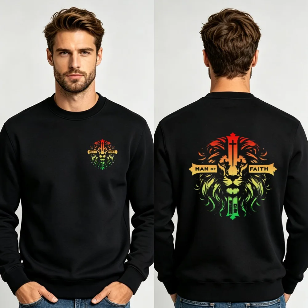Men Gradient Lion of Judah Man of Faith Cross Double Sided Crewneck Sweatshirt Retro Christian Graphic Loose Sweat Pullover Tops