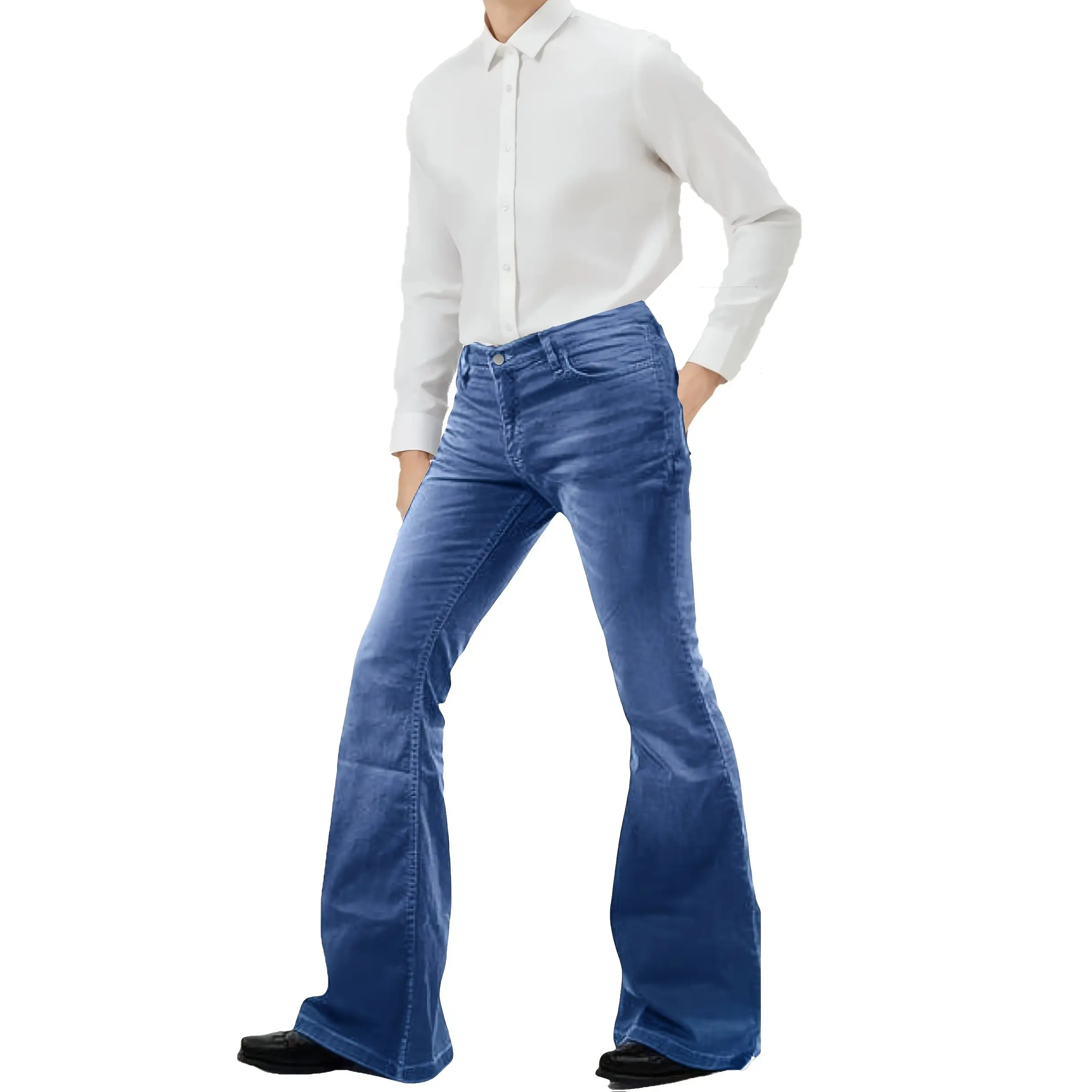 Europese en Amerikaanse trompetdiscobroek voor heren, modetrend, blauwe jeans, retro elegante micro-elastische herenbroek met wijde pijpen