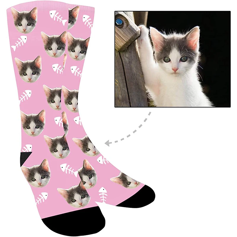 Personalise Design Fun fish bone Socks Your Pet Cat Face Customized Fashion Cotton Socks To Give Family Friends Giftr  Fo Neutra