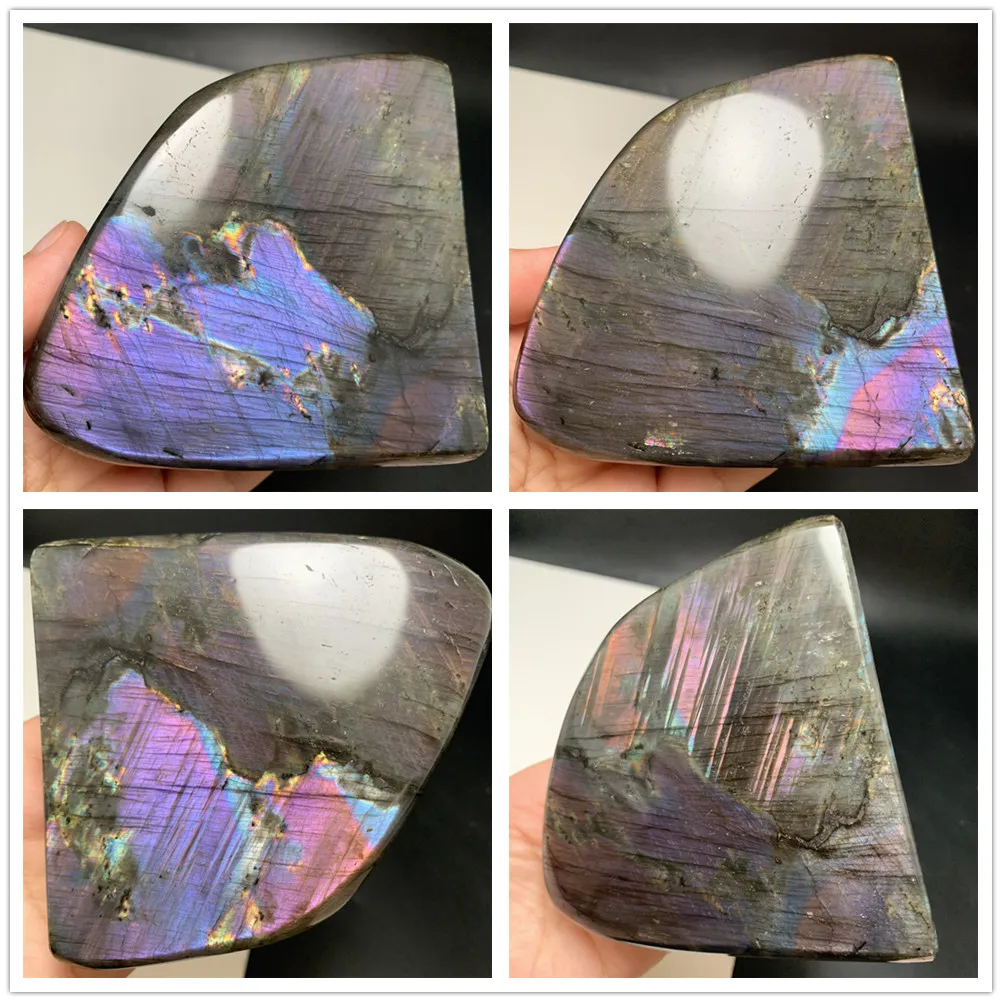 

Natural Bright Blue Light Labradorite Specimens Well-polished Palm Stone Yellow Orange Purple Light Labrador Ornaments Pet Rocks