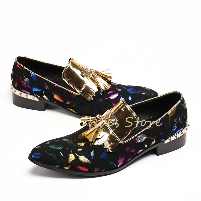 Golden Tassel Decor Pointed Toe Shallow Leather Shoes Male Formal Dress Shoes Colorful Feather Prints Rivet Heel Loafers for Men