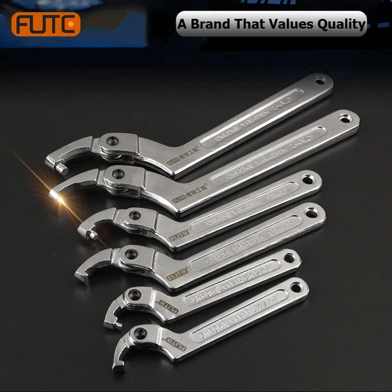 FUTE Adjustable Wrench Hook Spanner Square/Round Head CR-V Spanner Key for Round Bolt Hand Tools Universal 19-51/32-76/51-121mm