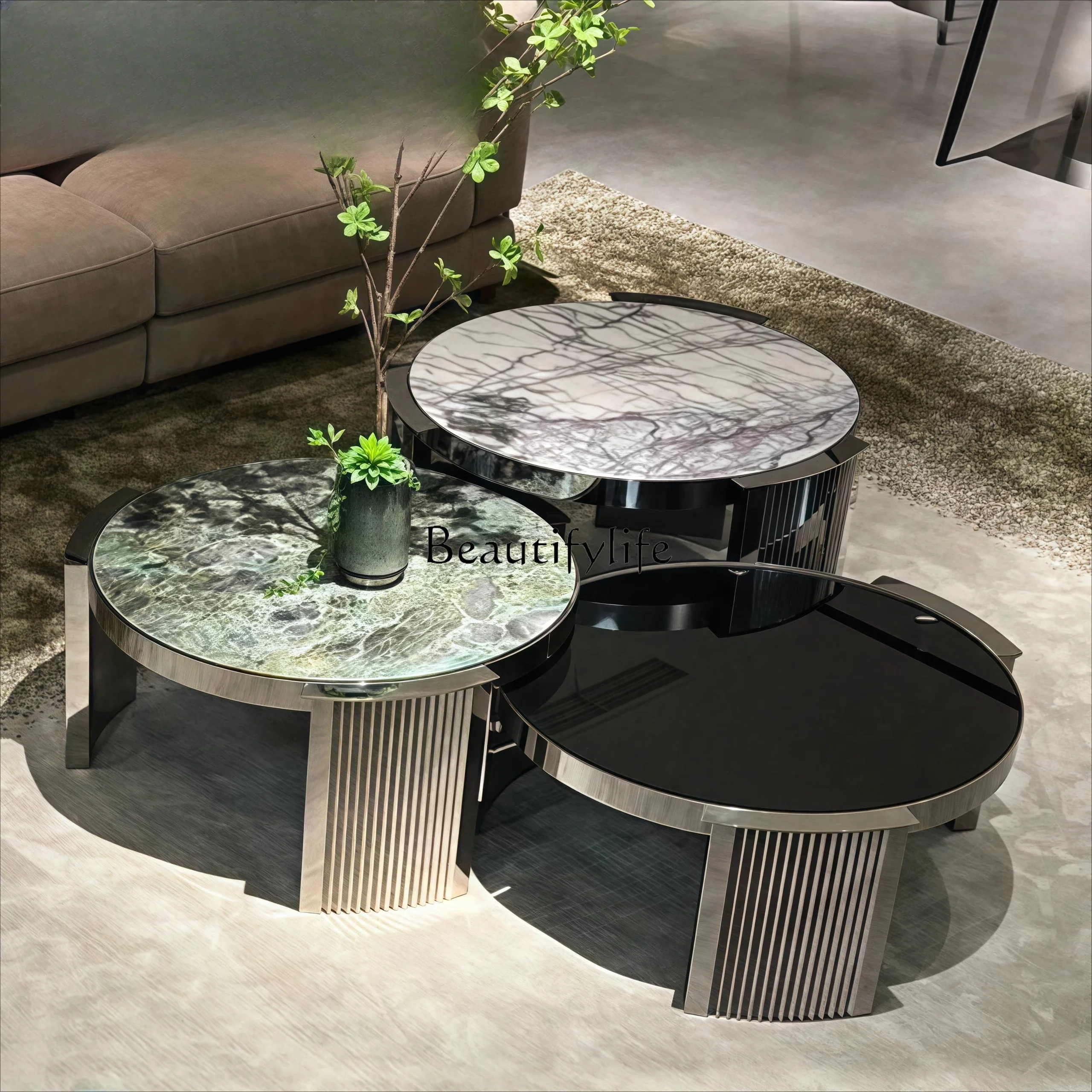 

LXCoffee table custom Italian light luxury style round Italian luxury stone tea tableSSS