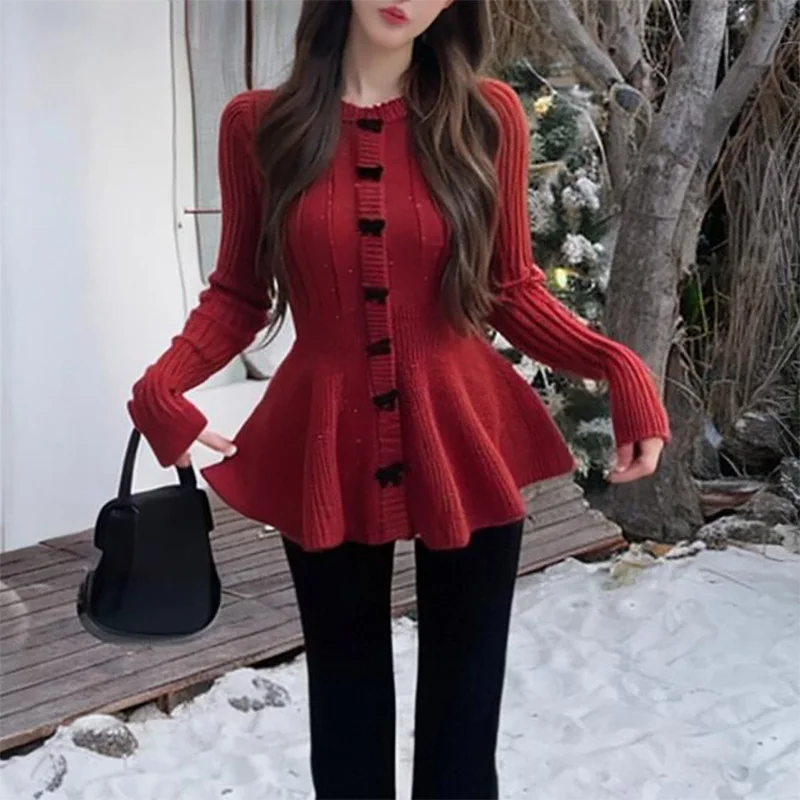 

New Year Red Sweater Women's Plus Size 2026 Autumn Pullovers Casual O-neck High-end Slim Long-sleeved Knitted Jumper Sweater Top