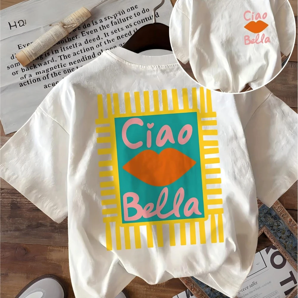 Ciao Bella Retro Lips Graphic T-Shirt Italian Aesthetic Unisex Short Sleeve Tops for Summer Casual Wear Gift