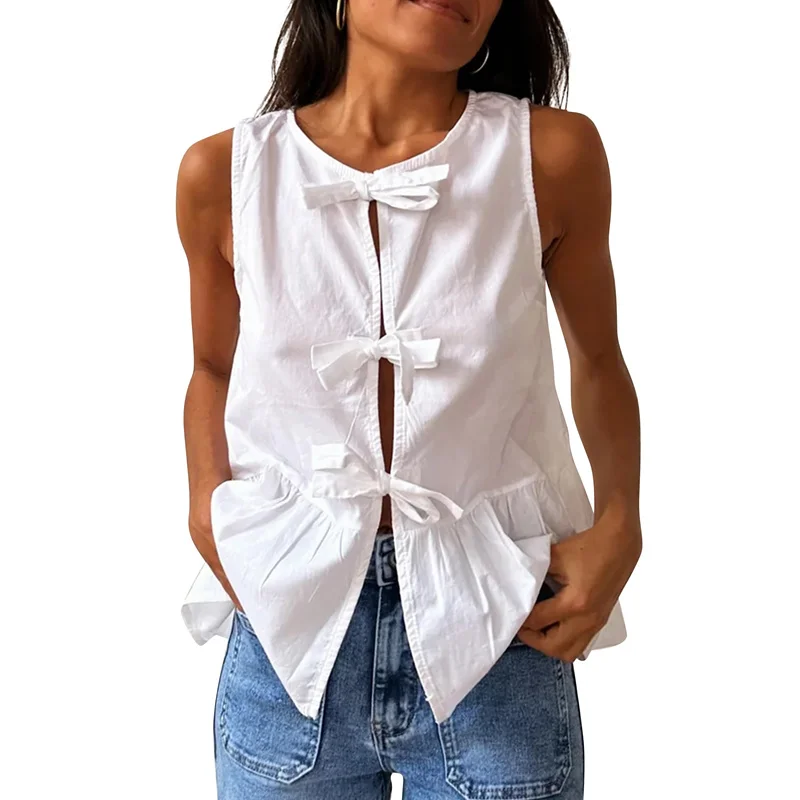 Lamuusaa Peplum Tank Top y2k Clothes Women Solid Color Round Neck Tie Front Sleeveless Vest 2000s Aesthetic Clothing Streetwear