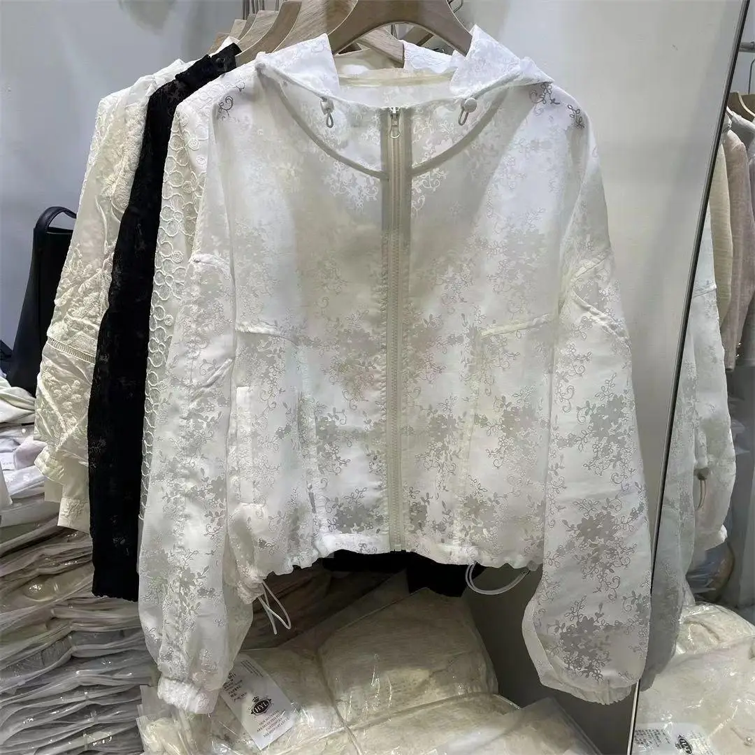 Chaqueta de protección solar con cremallera elegante de encaje para mujer, chaquetas de primavera y verano, abrigo holgado, prendas de vestir Retro