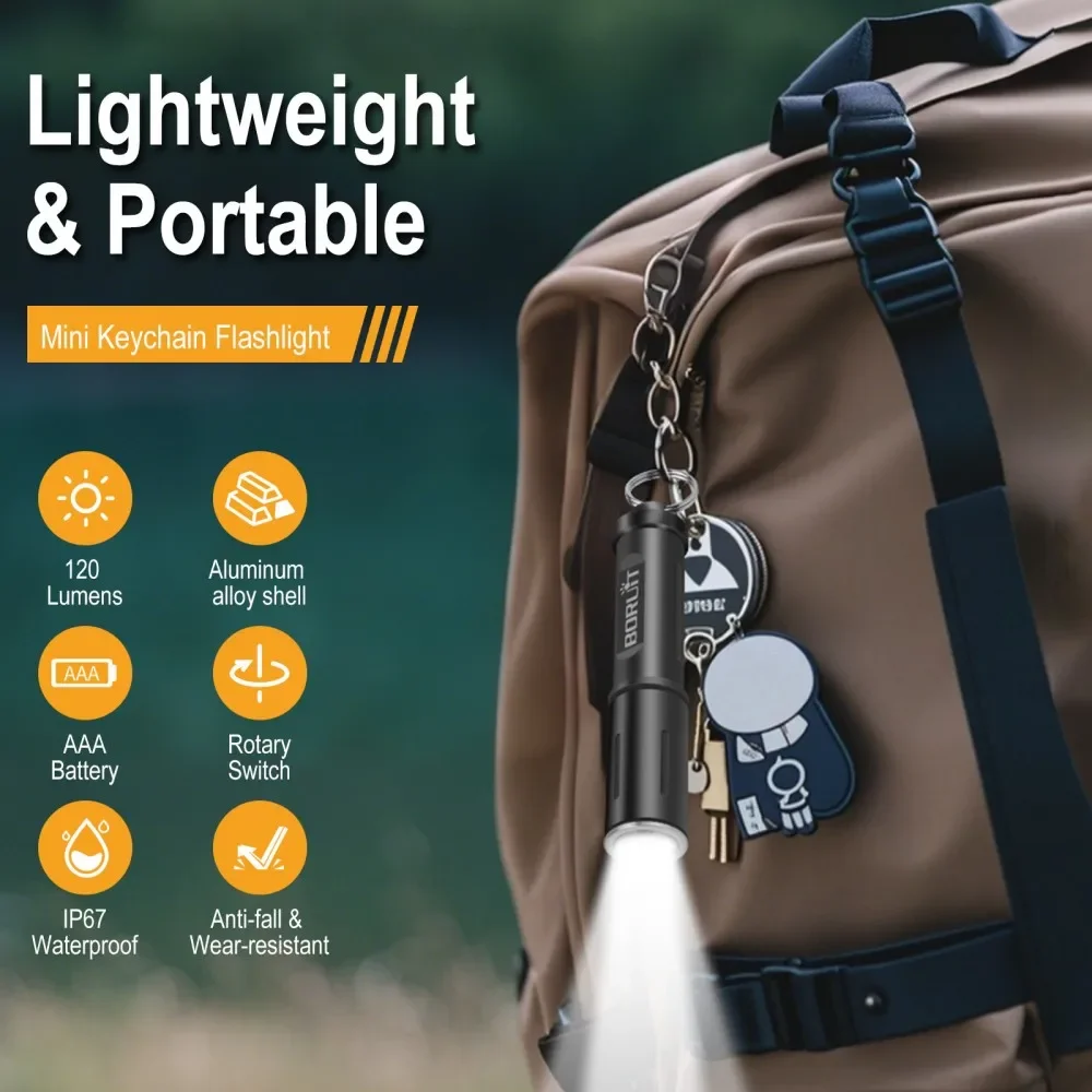 BORUiT RJ11 Mini Keychain EDC LED Flashlight 120LM IP67 Waterproof Torch Powered by AAA Battery Camping Lantern
