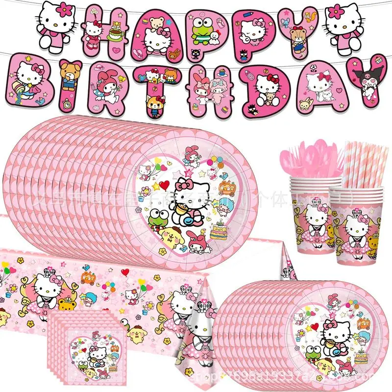 My Melody Hello Kitty Figures Pink Themed Cartoon Children Birthday Party Decoration Disposable Paper Tray Tissue Tablecloth Set