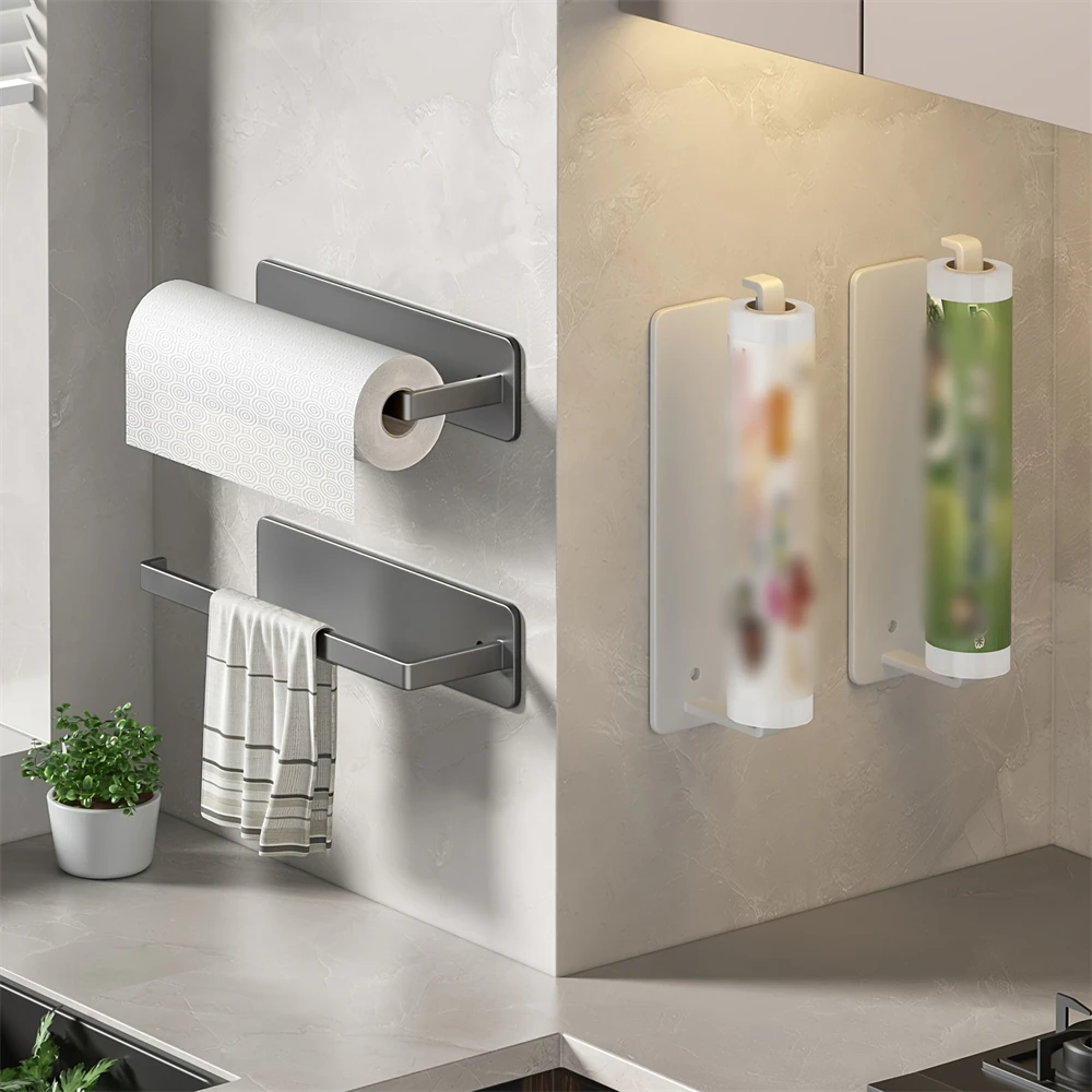 Kitchen Tissue Rack Without Punching Cabinet Rack With Cling Film Bag Storage Cloth Rack Wall Mounted Tissue Rack Kitchen Storag