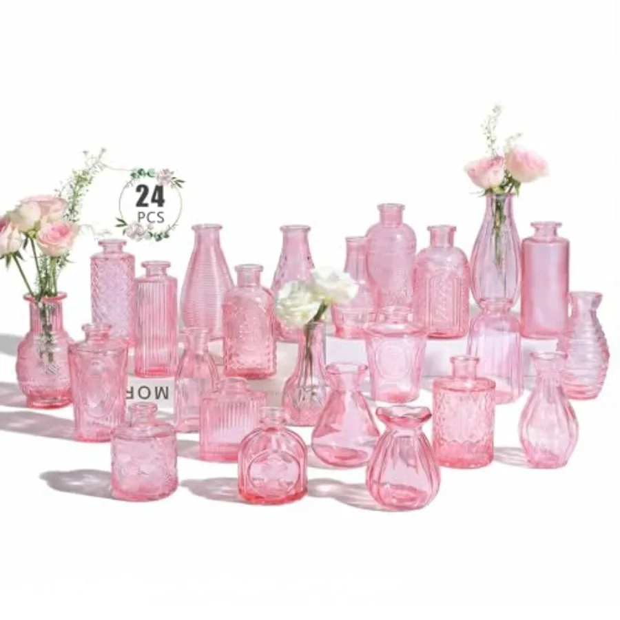 

24 Pack Bud Vases in Bulk, Mini Glass Vintage Vases for Centerpieces, Wedding Decor, Small Flower Vases for Party and Home Deca