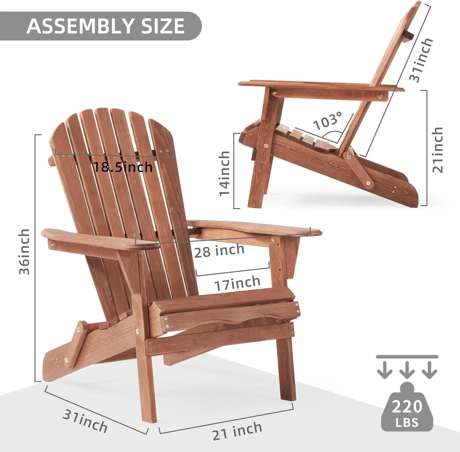 Adirondack Chair Set of 2 with Pre-Assembled BackRest, Wood Patio Chair for Garden Backyard Porch Pool Deck Firepit