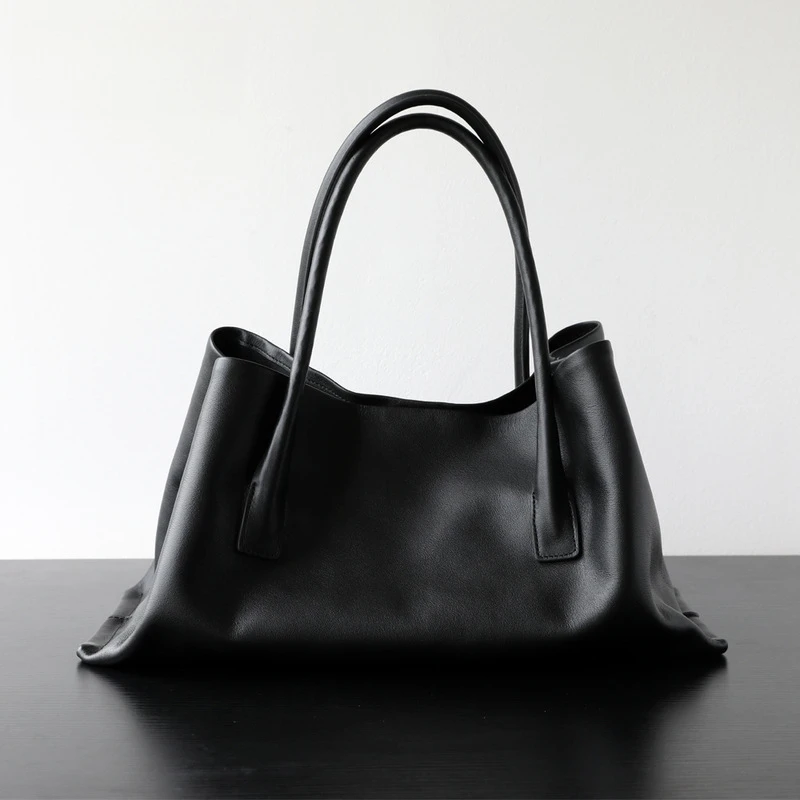 Euro Luxury Beige Black Color Large Capacity Trapeze Tote Full Grain Cowhide Leather Women Handbag Huge Commuter Tall Ladies