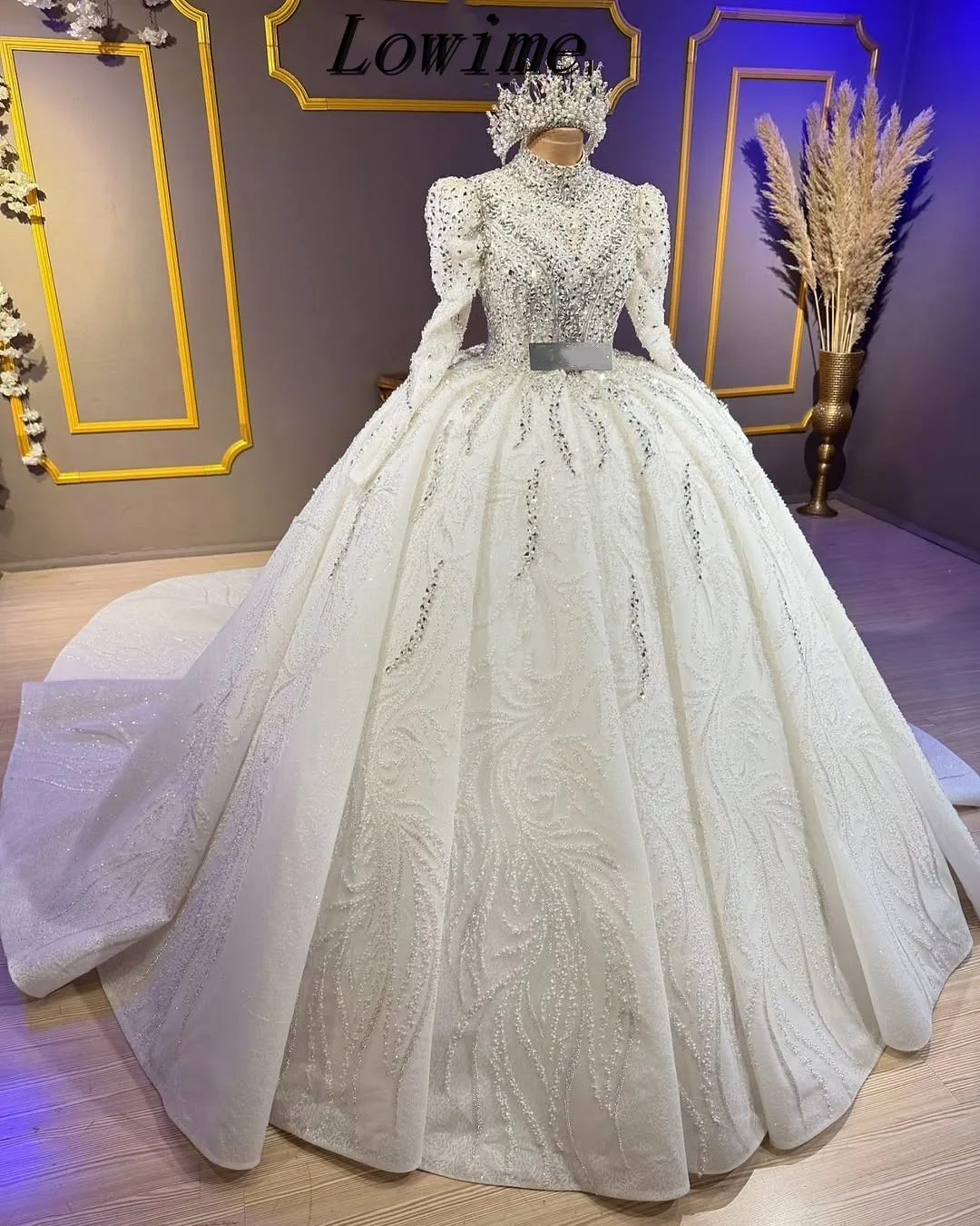 

Luxury Saudi Arabia Muslim Wedding Dress A-line فساتين حفلات الزفاف Full Beading Rhinestones Custom Made Vestidos de Novia