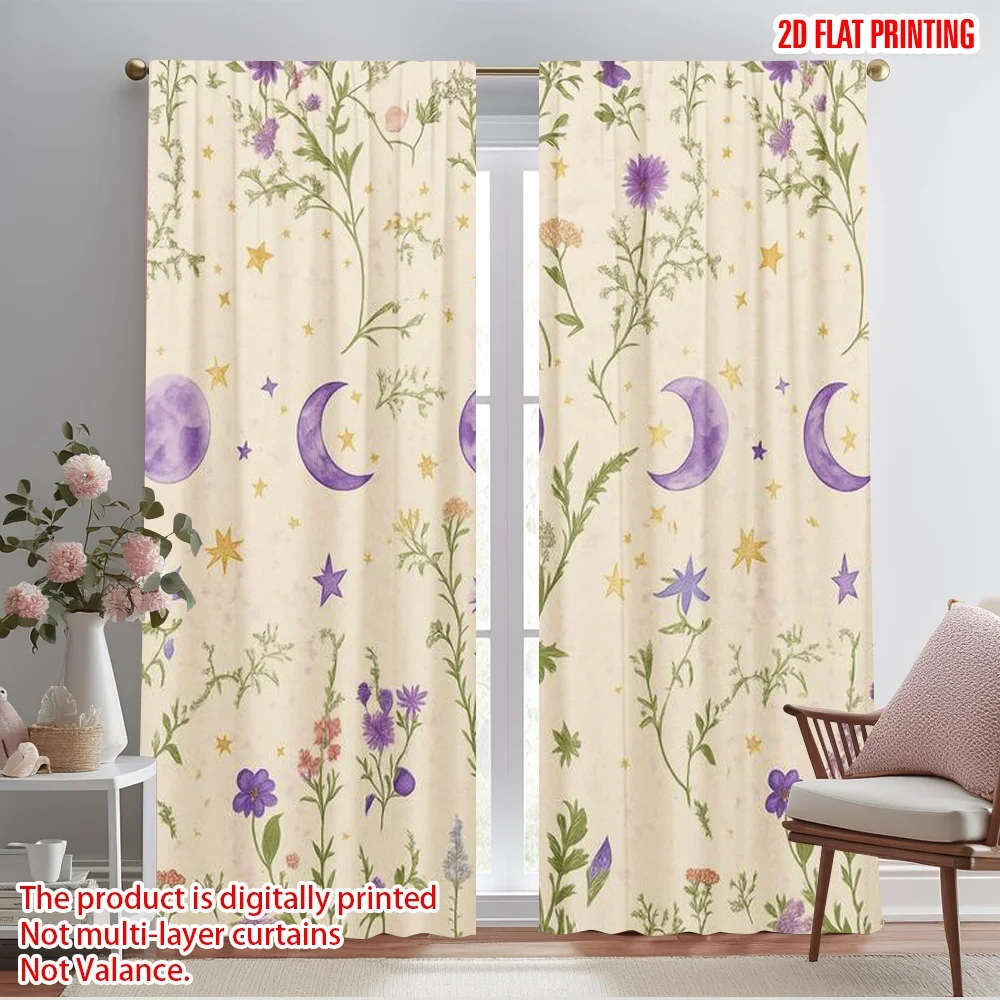 2pcs,2D plane printing Print Curtains Lunar Blooms Durable Polyester (without rod) Versatile All for Living Room, Bedroom,