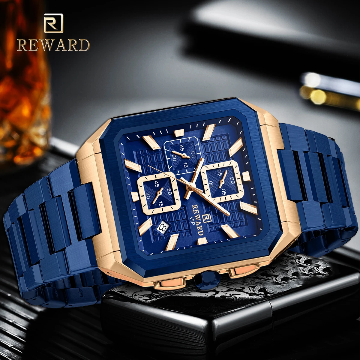 2026 New Quartz Watches Square Men's Watches Chronograph Display Dark Blue Rose Gold Wristwatches Casual Clock Male