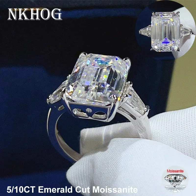 NKHOG 5/10CT Emerald Cut Full Moissanite Ring S925 Silver Baguette 3-Stone Wedding Band Women Men Jewelry Gifts GRA Certificate