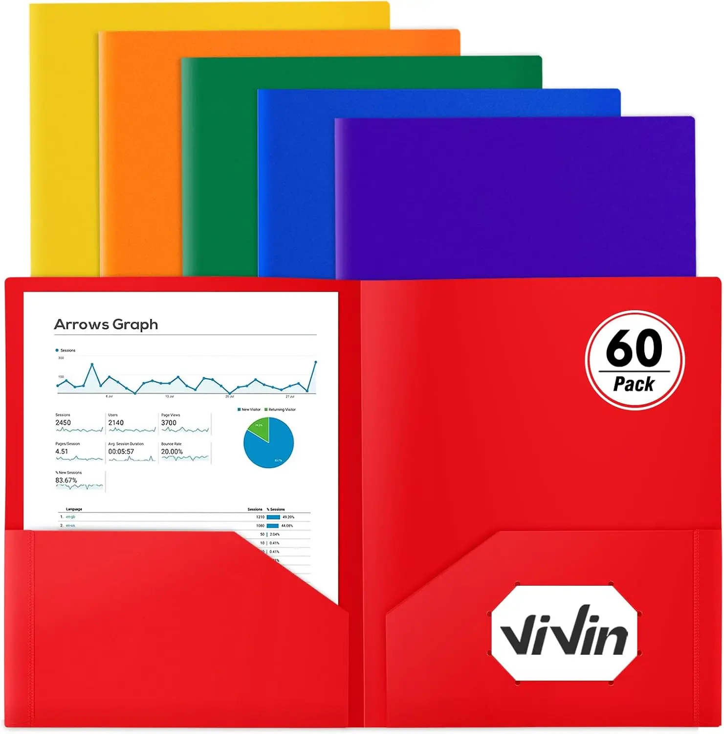 

Набор из 60 пластиковых папок с 2 карманами, формат Letter, разные цвета, для школы и офиса