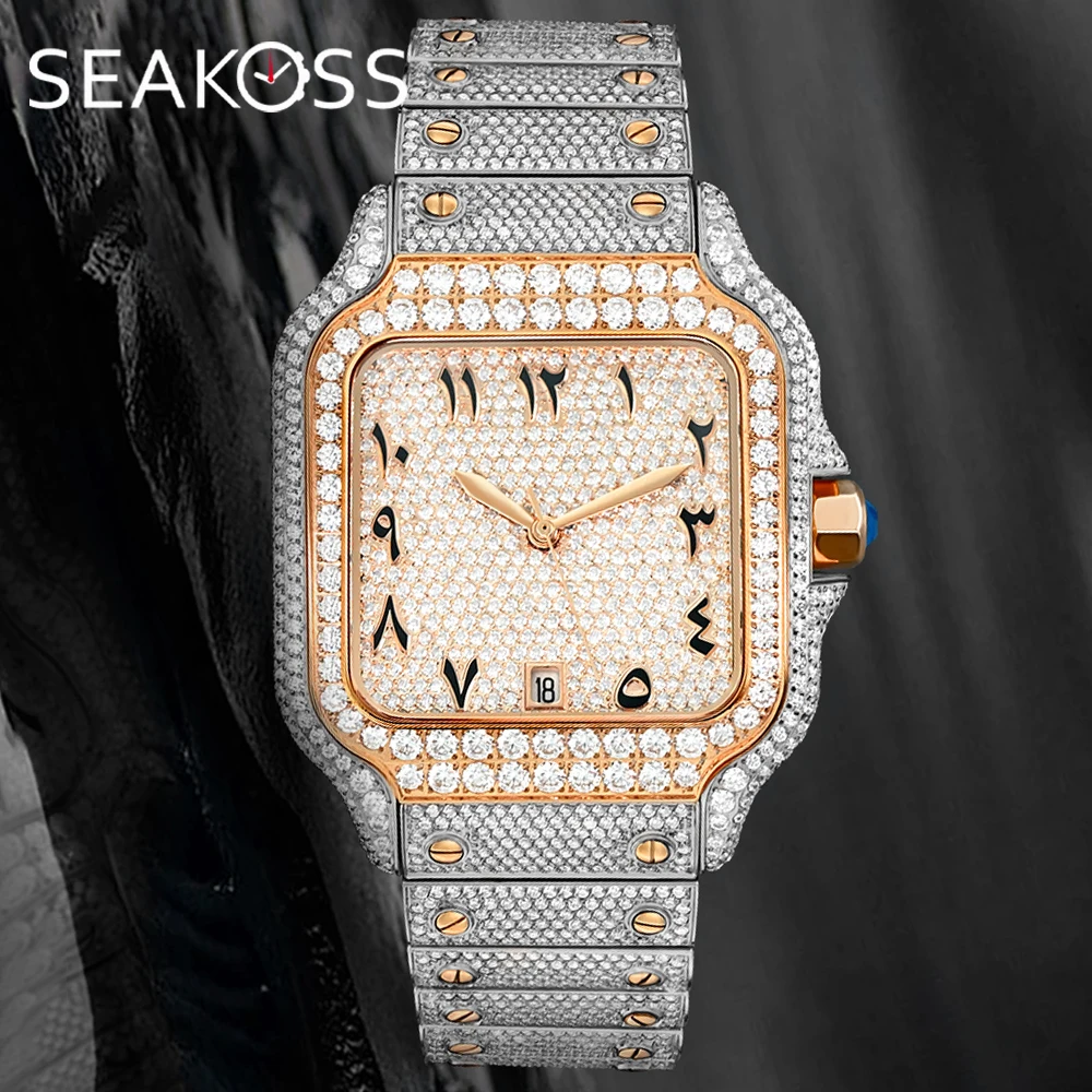 

SEAKOSS Top Luxury Hip Hop Iced Out Watch Automatic Mechanical Diamond Wristwatch Sapphire Glass VVS Moissanite Watches for men