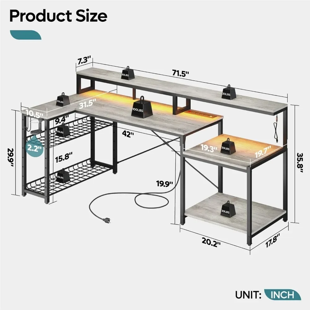 71.5 inch Computer Desk with Power Outlets, LED Home Office Desk with Long Monitor Stand, Large Corner Desk with Storage Shelf
