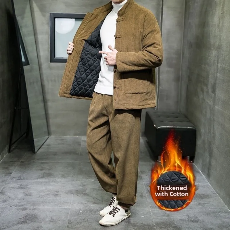 暖かい綿ジャケットとパンツセットヴィンテージ中国風コーデュロイボタンアップメンズ冬服長袖無地