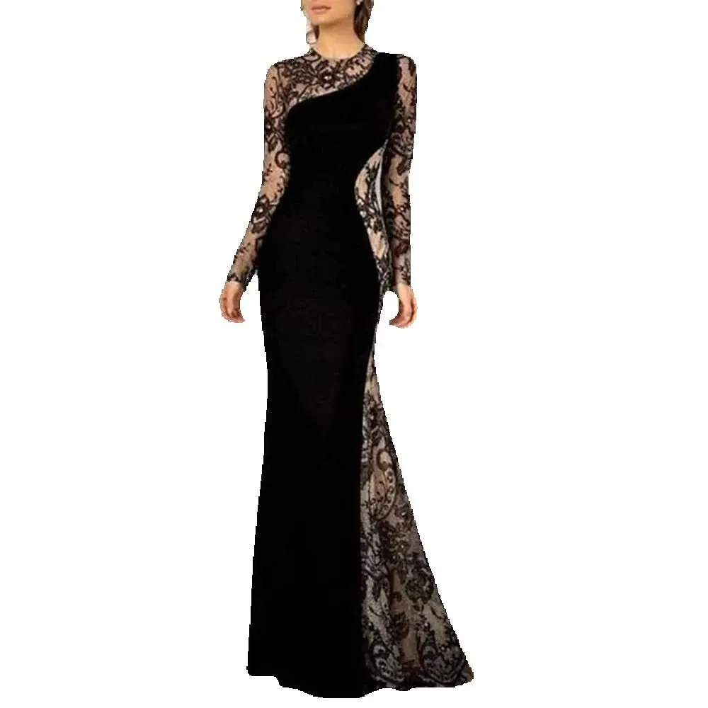 Elegant Black Dresses for Mother of the Bride 2024 High Quality Full Sleeves O-Neck Trumpet Slim Fit Female Evening Party Gowns