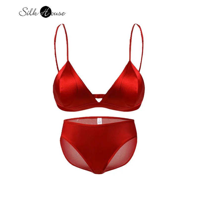 

French Red Natural Mulberry Silk Comfortable Skin Friendly Bra Underwear Set Female Sexy Mesh Bra Set