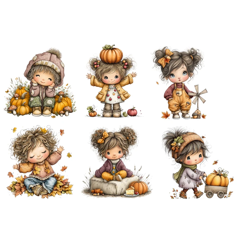 

Cartoon girl Autumn harvest pumpkin heat transfer iron on printing vinyl stickers T-shirt stickers Toy doll clothing decoration