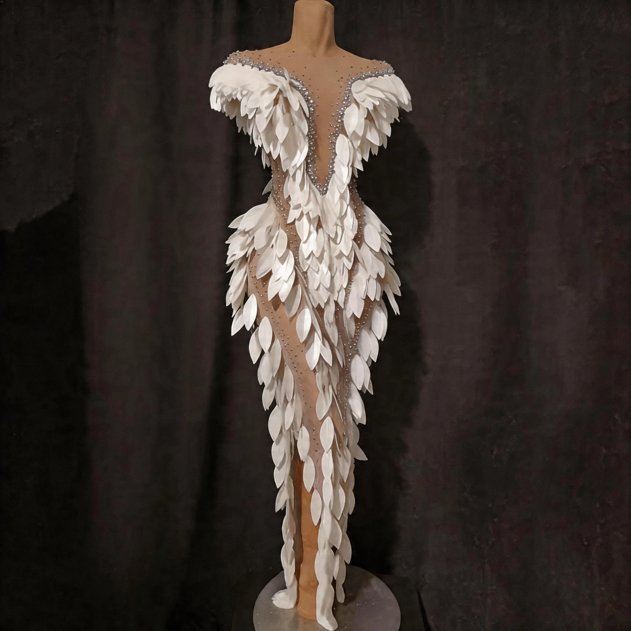 Sparkly rhinestone White Plastic Feather Shape Split Dress Trailing Sexy mesh see Transparent Birthday party Celebrate show