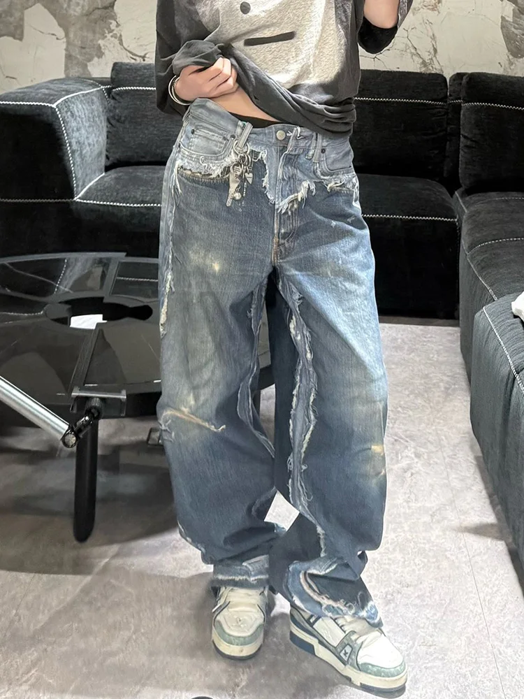 Retro American Spicy Girl 3D Illusion Print Design Street Washed Wide Leg Long Jeans Women's Autumn Loose Fit Denim Pants