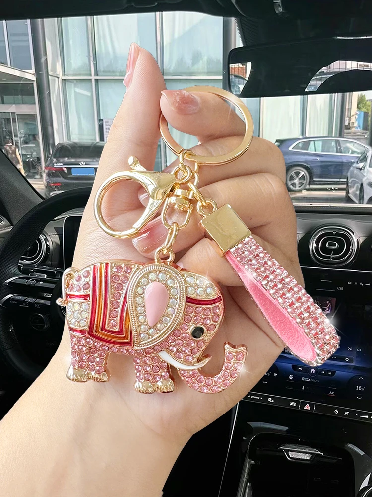 Fashionable men\'s and women\'s full diamond pink/orange/white ethnic style Thai auspicious elephant keychain exquisite men\'s and