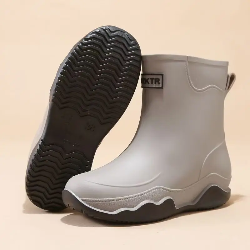 Men's Flat Sole Ankle Rain Boots Spring Autumn New Lovers Thick Sole High Top Slip On Waterproof Kitchen Work Shoe Fishing Shoes
