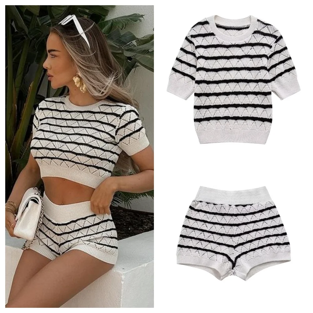 PB&ZA 2024 Spring New Women\'s Fashion temperament casual versatile striped short knitted short sleeved tight shorts set