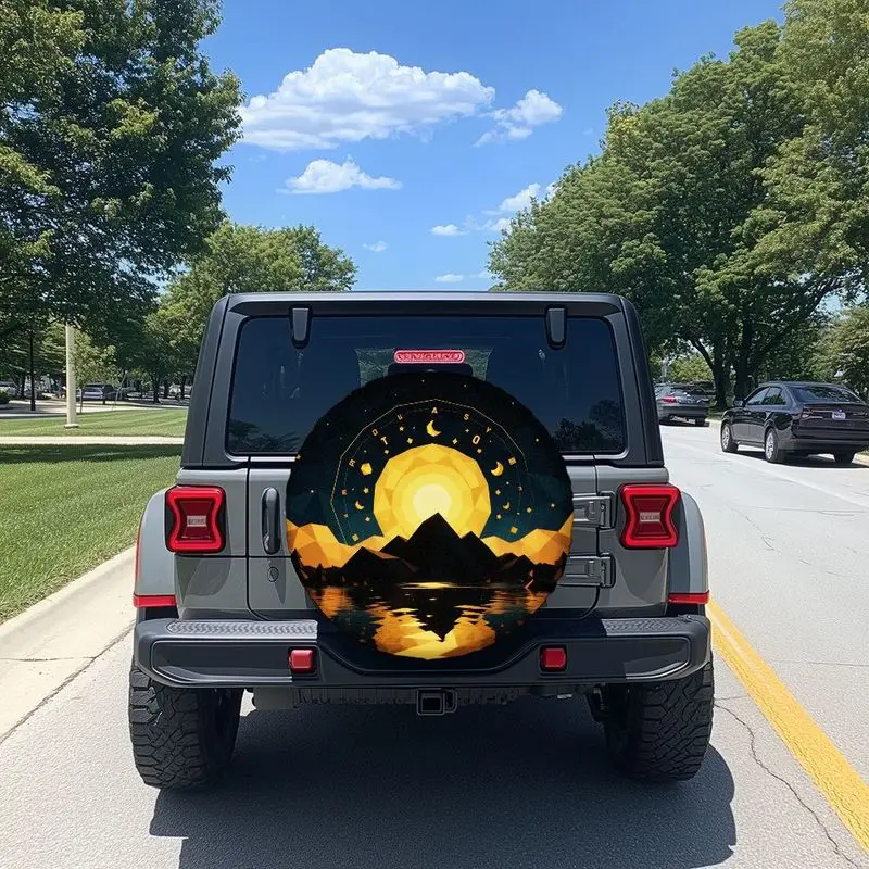 Low-Poly Night Scene Design Tire Cover, Suitable For Universal SUVs And Cars, Made Of Polyester Fiber Material, Decorated With B
