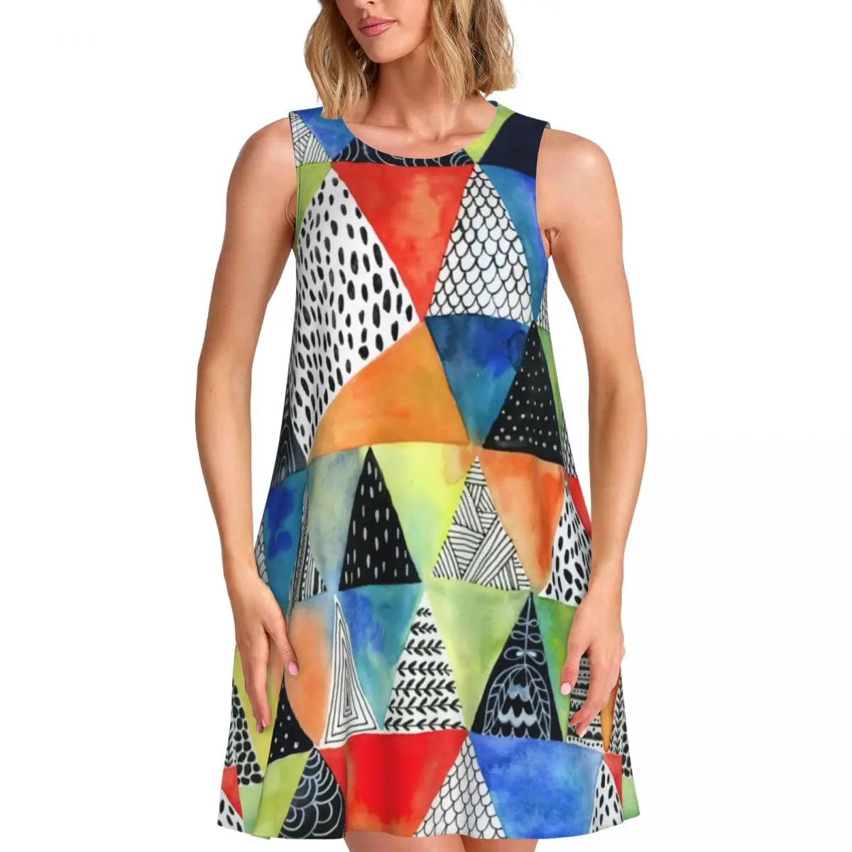 Doodled Geometry Tank Dress Colorful Print Street Wear Dresses Sleeveless Modern Dress Hot Sale O Neck Female Printed Clothing