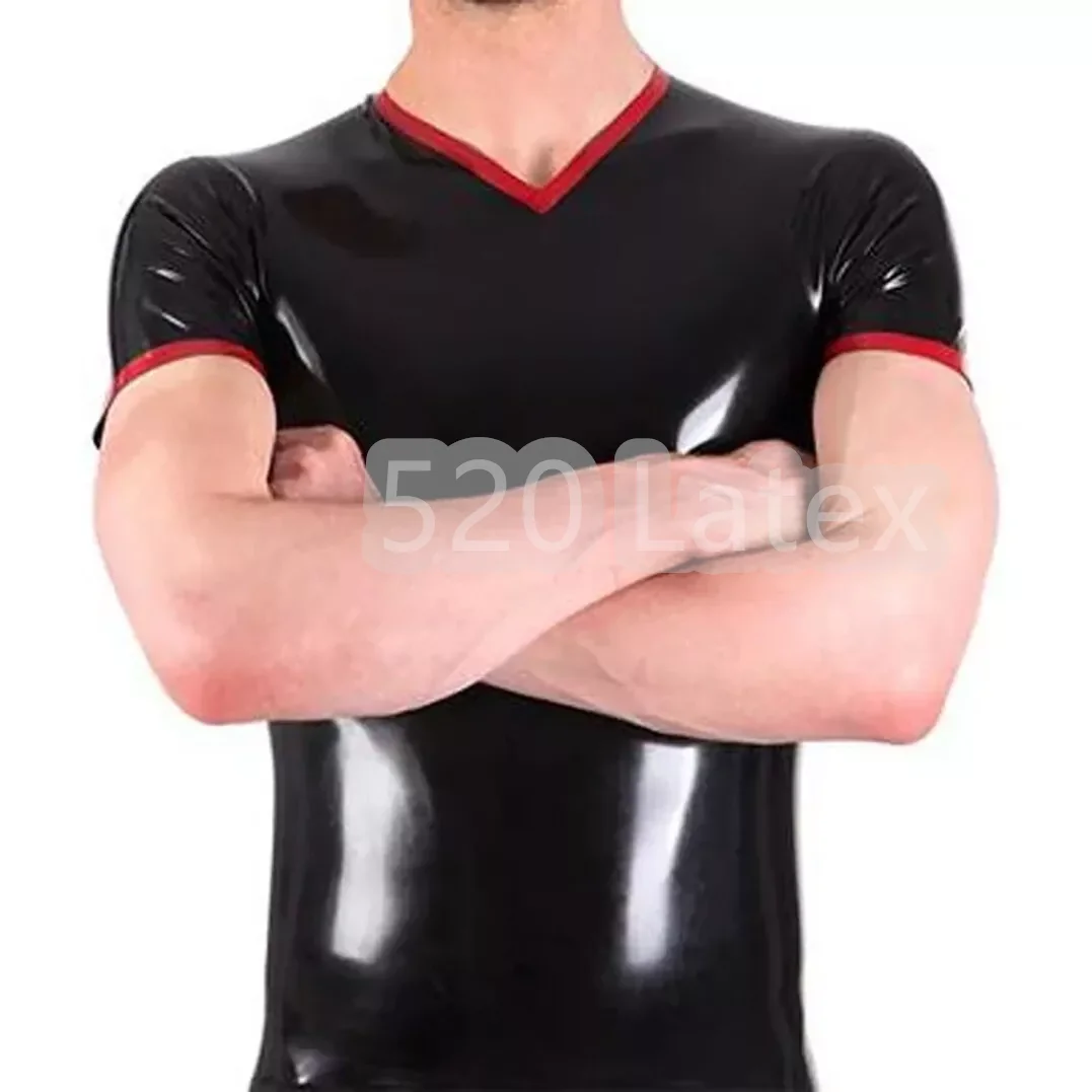 

Natural Latex Men V Neck Short Sleeve T-Shirt With Red Trims Male Latex Rubber Top Fetish Tank Vest Thight Fit Polo Shirt