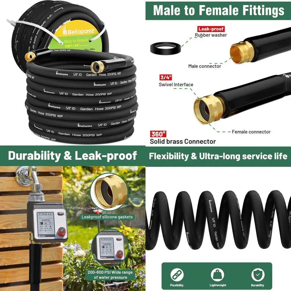 

Heavy-Duty 150-Foot Flexible Rubber Garden Hose, 5/8-Inch Diameter, Durable and Lightweight, Leak-Resistant Connections, Suitabl