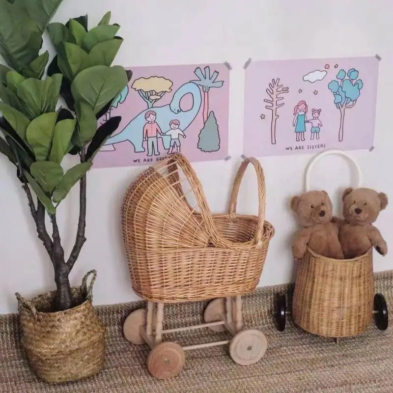 Children Rattan Weaving Toddler Storage Cart Play House Decor Photography Prop Kids Room Storage Basket