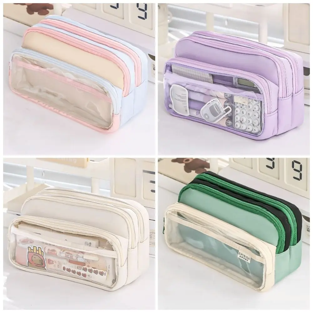 New Color-Block Pen Bag Multi-Compartment Transparent Pocket Pencil Case Large Capacity with Zipper Multi-layer Pen Pouch School