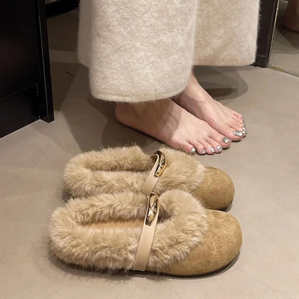

Suede Leopard Print Warm Slippers Round Head Anti-slip Plush Slippers Women Home Wear Thick Bottom Retro Winter Shoes Outdoor