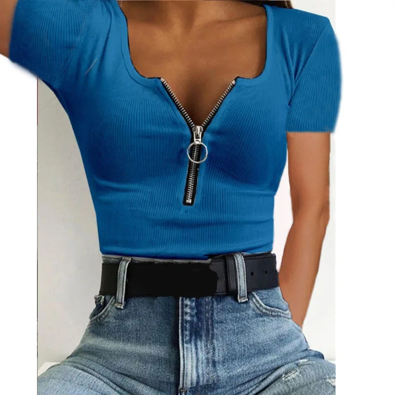 Spring and Summer Women's Fashion Casual Threaded Zipper Embellished Short Sleeve T-shirt Tops