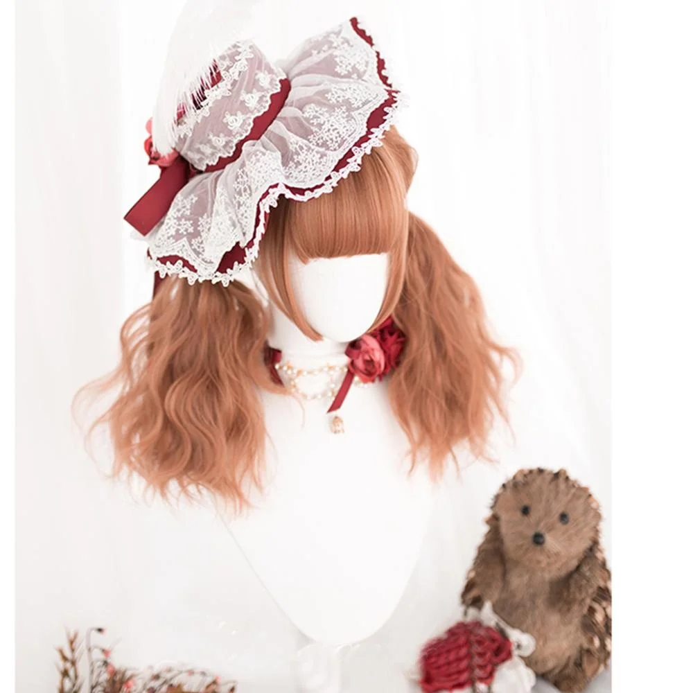 CosplayMix 45CM Lolita Cute Medium Curly Orange Ombre Bangs Cute Halloween capelli sintetici donna parrucca Cosplay + Cap