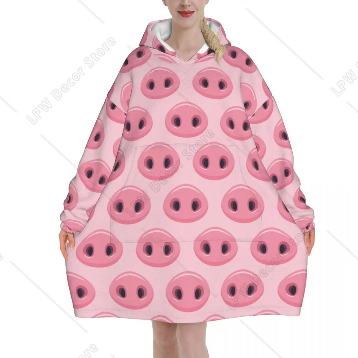 Kawaii Pigs Noses Wearable Blanket Hoodie for Women Men Cute Pink Pig Oversized Sweatshirt Blanket with Pocket