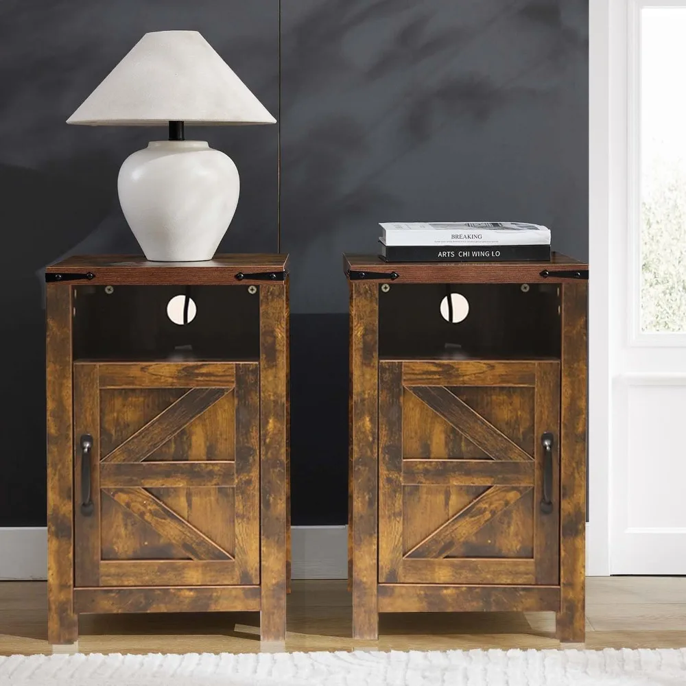Pair of Rustic Nightstands with Barn Door and Shelf, Charging Station Included for Living Room