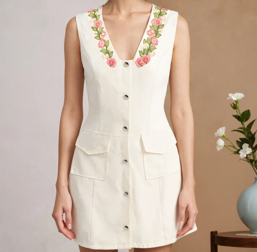 

Womens Dresses 2026 New Spring Fashion Floral Print V-Neck Sleeveless Single Breasted Temperament Waist Cinched Mini Vest Dress