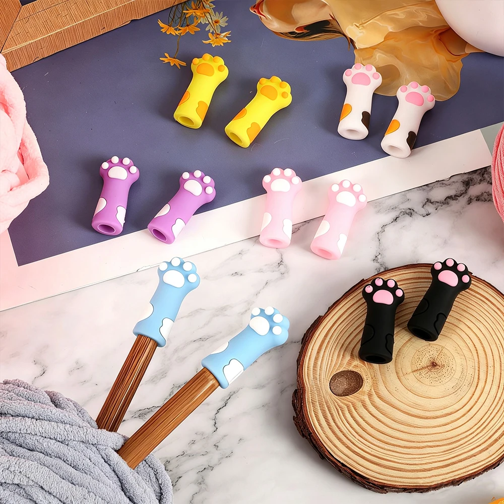 6pcs Cute Cat Paw Knitting Needle Stoppers Silicone Anti-Shedding Needles Cap DIY Handmade Sewing Weave Tool Accessories Set