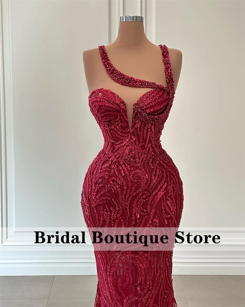 Sparkly Red Dubai Mermaid Evening Dresses Glitter Beads Sequins Straps Formal Prom Dress Wedding Gowns Robe De Soirée Customized