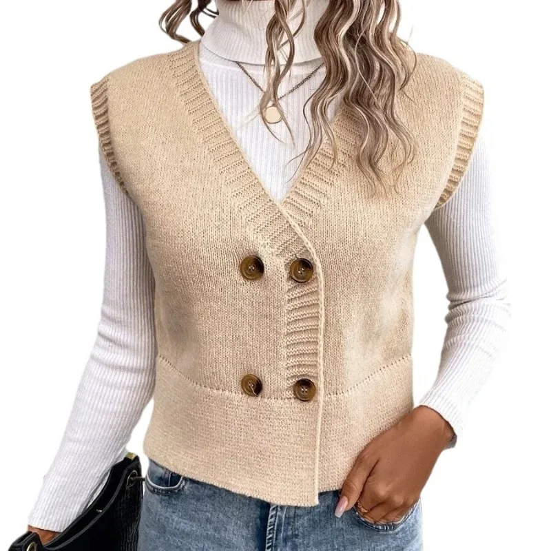 Damen gestrickte kurze Weste, V-Ausschnitt, zweireihig, lässiger Pullover, Strickjacke, neu